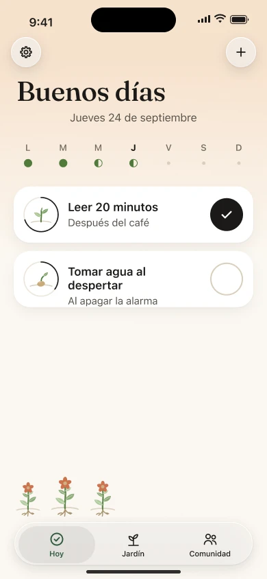 A design preview of the Habitums Today screen, showing the day’s habits.